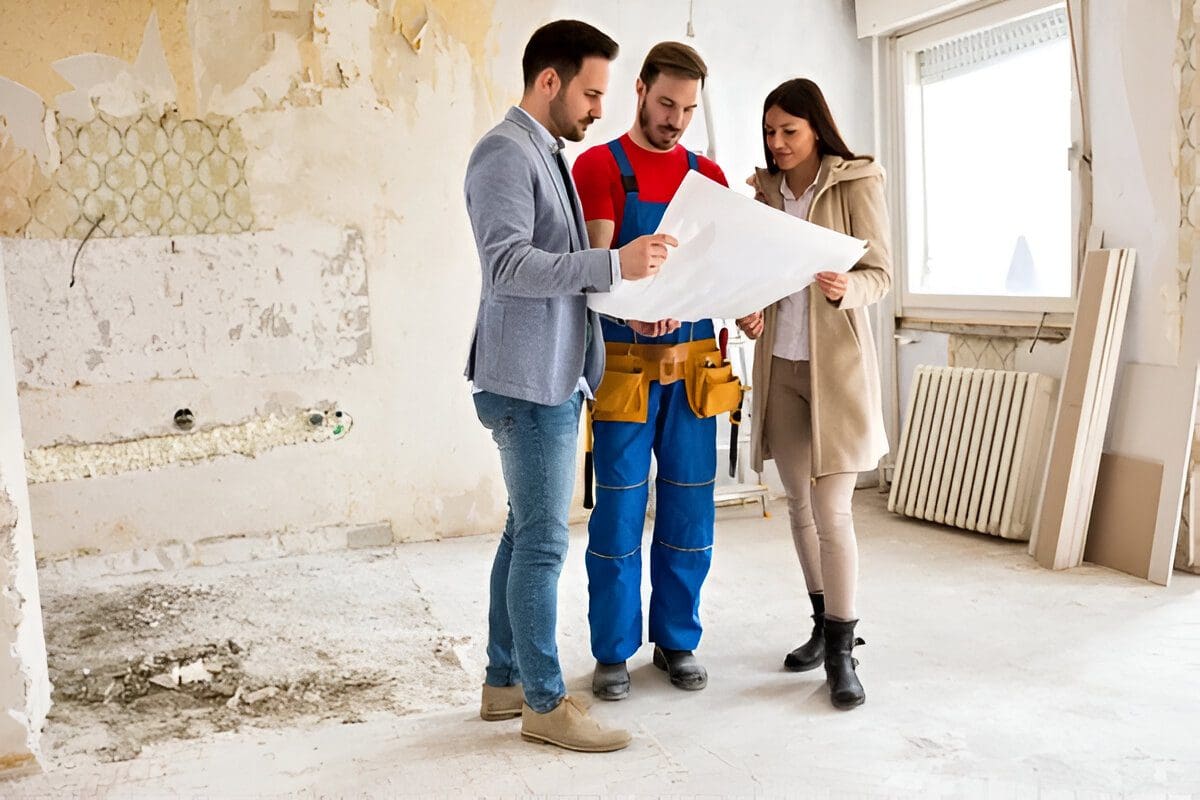 A group of people standing around looking at plans.