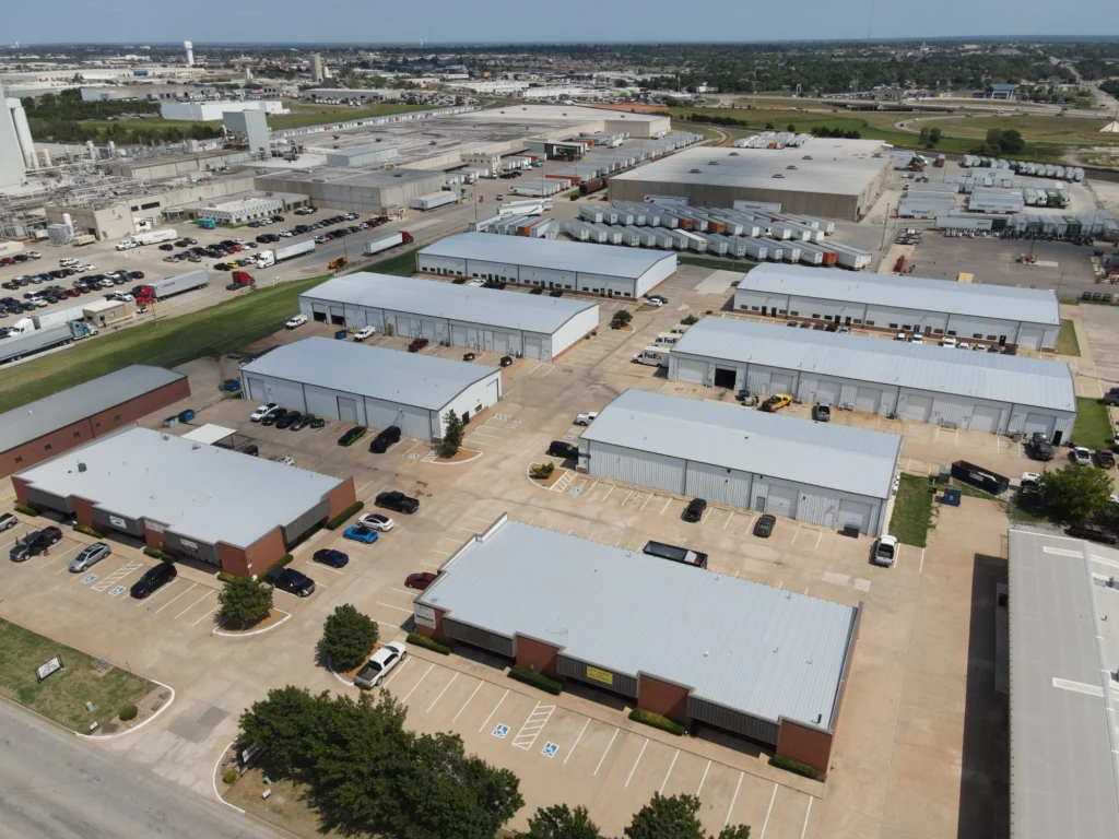 Aerial view of a completed pre-engineered metal building in Oklahoma
